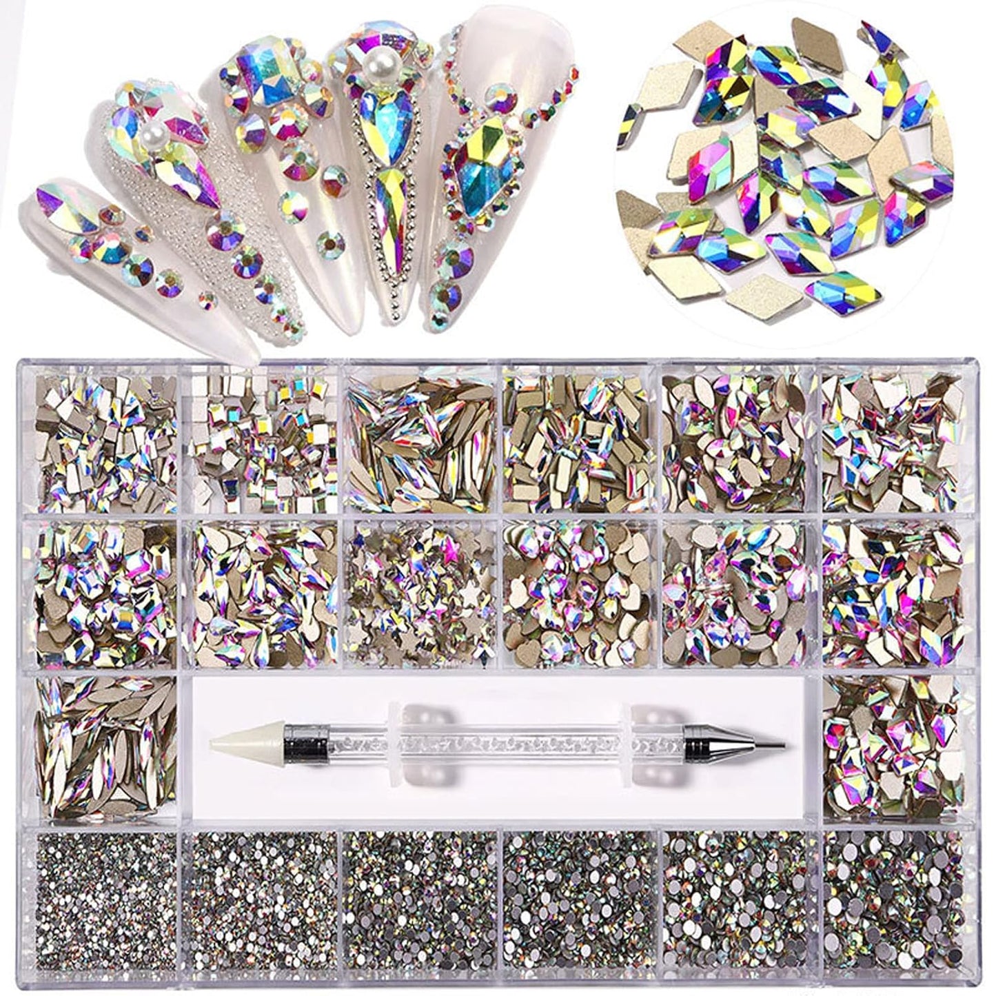 Nail Art Rhinestones, Nail Gems and Rhinestones Kit with Wax Pencil Flatback AB Rhinestones for Nails, Crafts, Makeup, Face, Clothes, Shoes