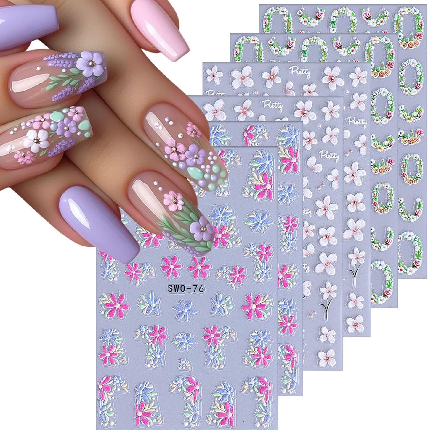 6 Sheets Flower Nail Art Stickers Rose Daisy Nails Art Decals 3D Self-Adhesive Nails Sticker Holographic Stereo Blossom Decal Decoration for Women Wreath Manicure Stickers DIY Nail Supplies