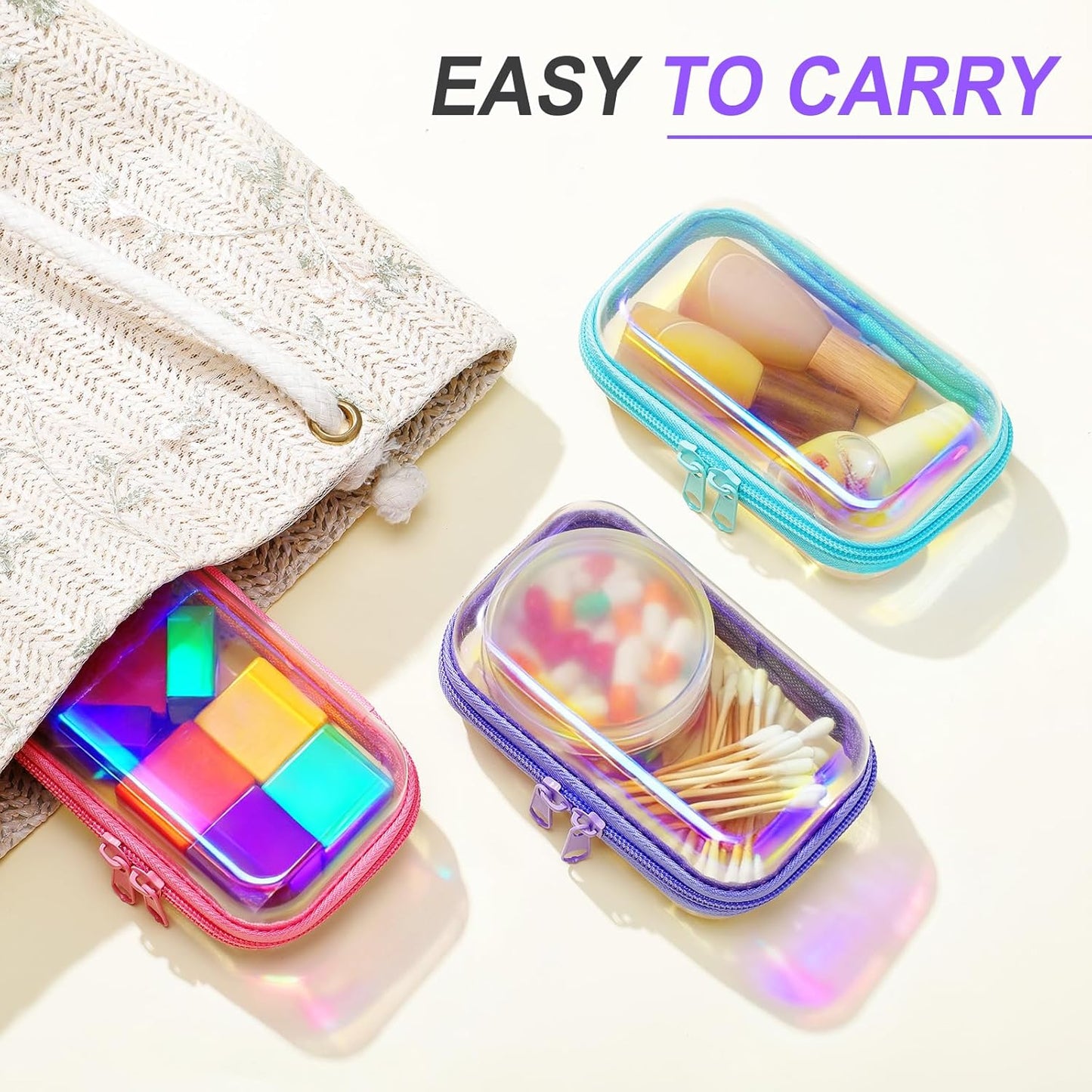 Hoolerry 3 Pcs Clear Hard Zipper Case Plastic Pouch Transparent Hard Case Clear Makeup Bag Portable Travel Organizer Bin for Cosmetics, Building Blocks, Puzzles(Laser,Xs)