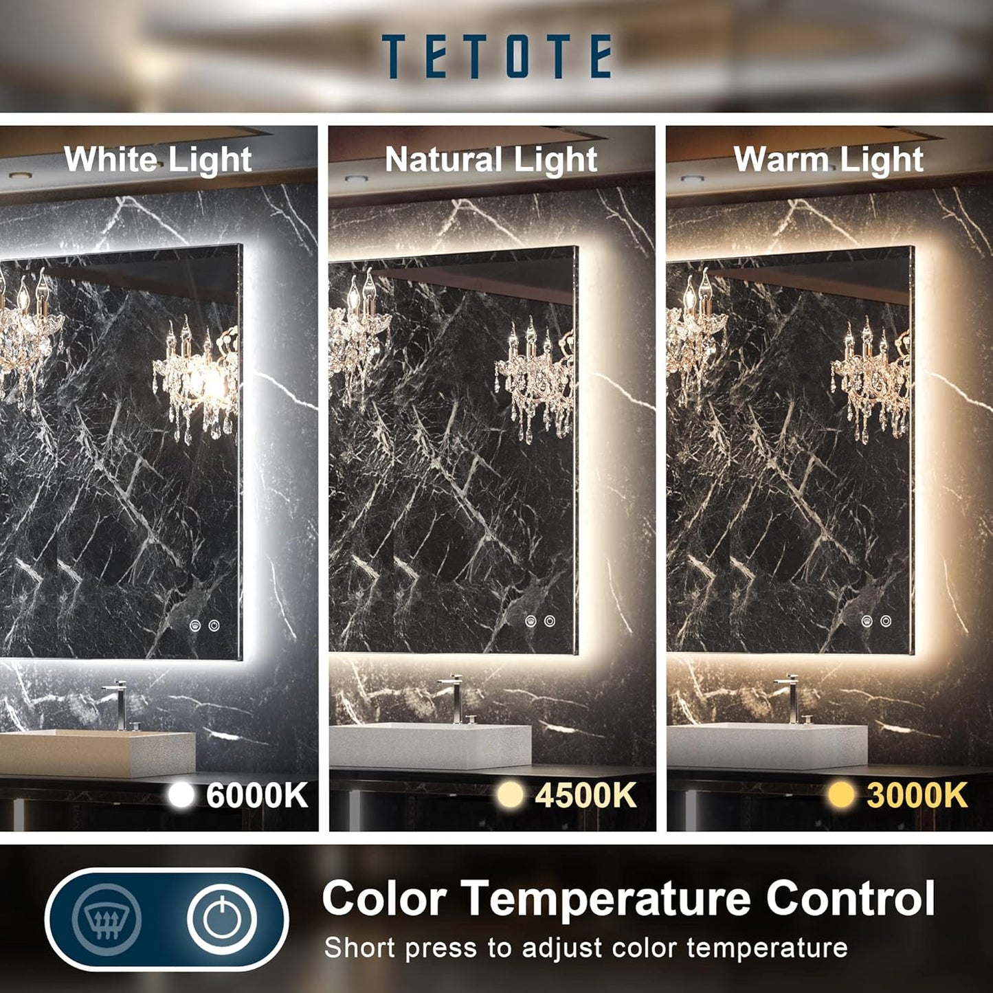 TETOTE 24x32 LED Backlit Mirror Bathroom with Light,3Color White/Warm/Natural,Anti-Fog Lighted Mirror,Dimmable,Vanity Mirror,Wall Mounted