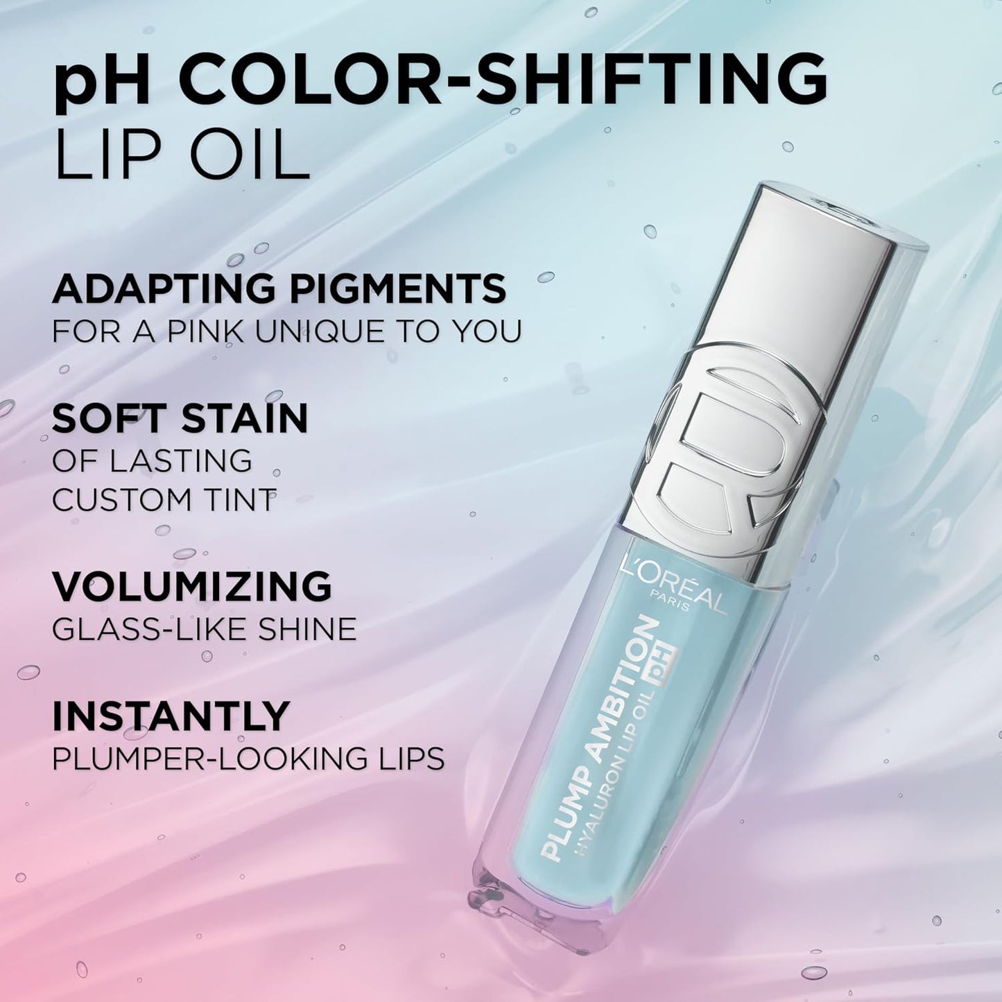 L'Oreal Paris Plump Ambition pH Hyaluron Lip Oil, Color Shifting Lip Tint with 24HR Hydration, Volumizing Shine and Lasting Color, 010 pH Cristal Ice