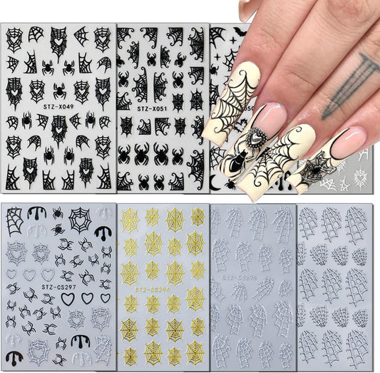 8Sheets Halloween Nail Art Stickers Spider Web Nail Stickers for Nail Art 3D Self-Adhesive Nail Decals Gold Silver Black White Glitter Spiderweb Bat Spiders Nail Design Halloween Manicure Accessories