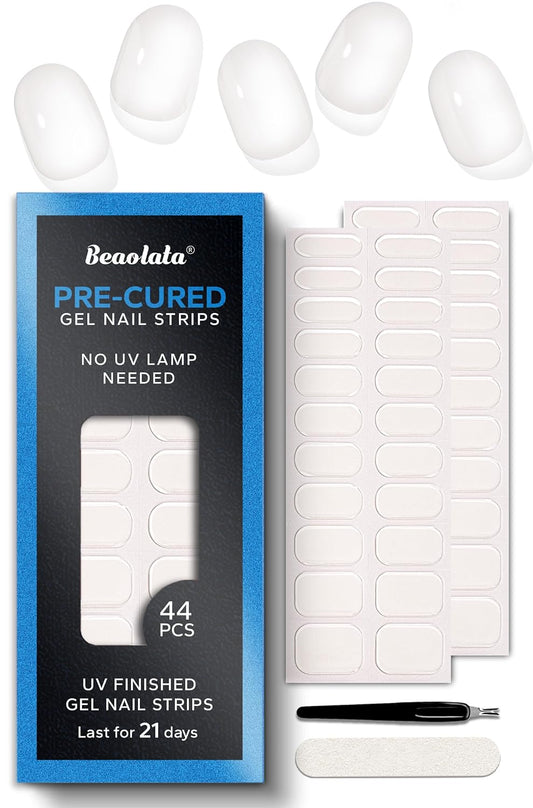Pre Cured Gel Nail Strips - 44PCS Salon Quality Gel Nail Stickers - Long Lasting Polish Wraps for Women no UV Light Needed Easy Apply& Remove (Clear)