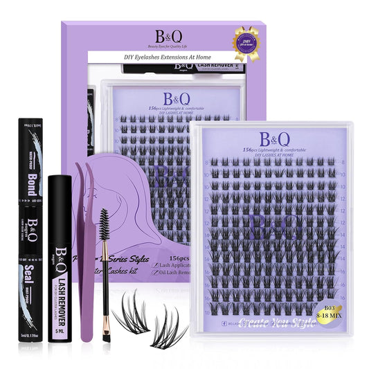 Lash Extension Kit B03 Eyelash Extension Kit B&Qaugen DIY Lash Extension Kit 156 PCS Lash Clusters 8-18mm Cluster Eyelash Extensions Kit with Lash Bond and Seal Lash Applicator Tool (Kit,B03)