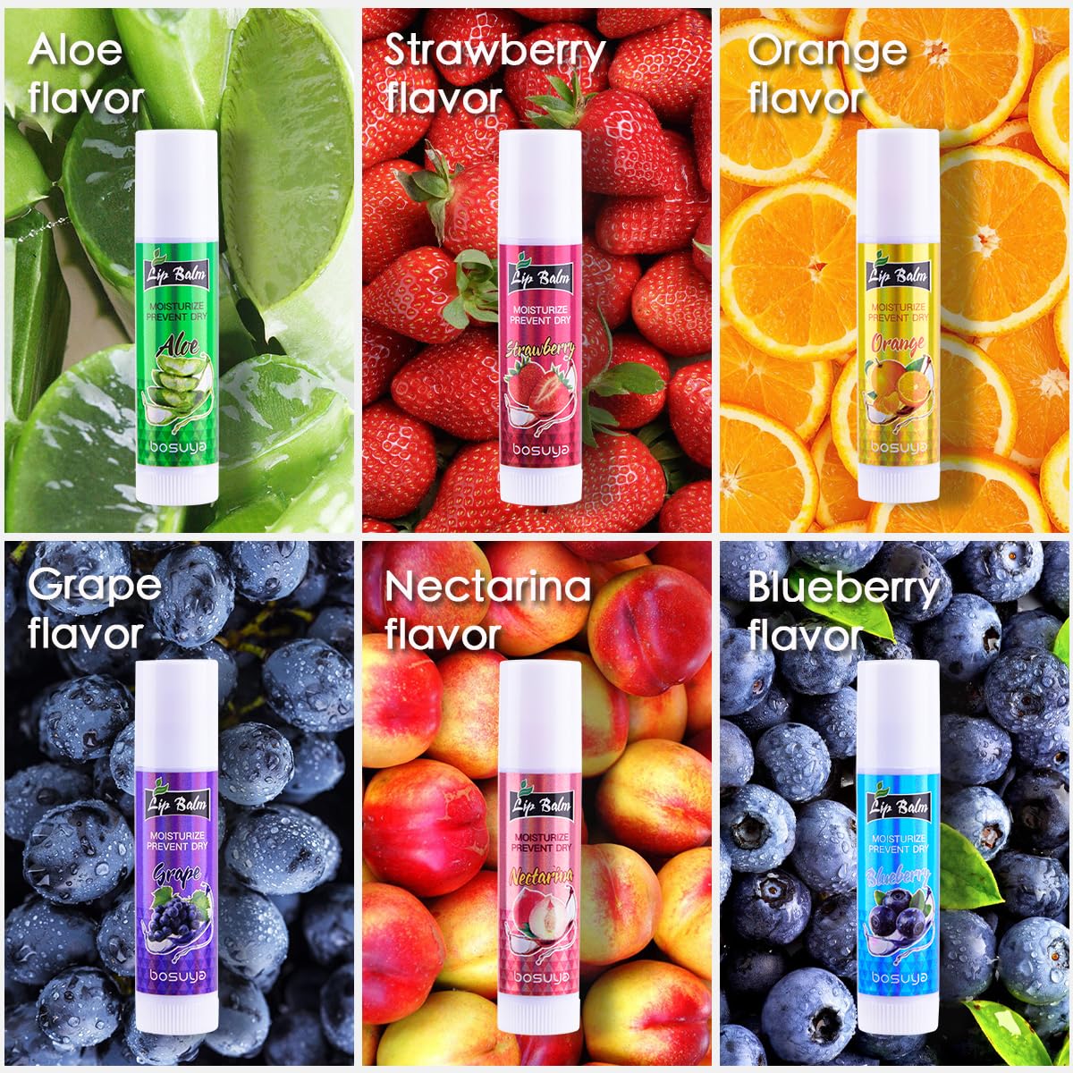 6 Pack Lip Balm, Fruit Flavoured Lip Balms, All Day Moisturising, Soft Natural Lip Balm with Vitamin E and Coconut Oil for chapped or dry lips.