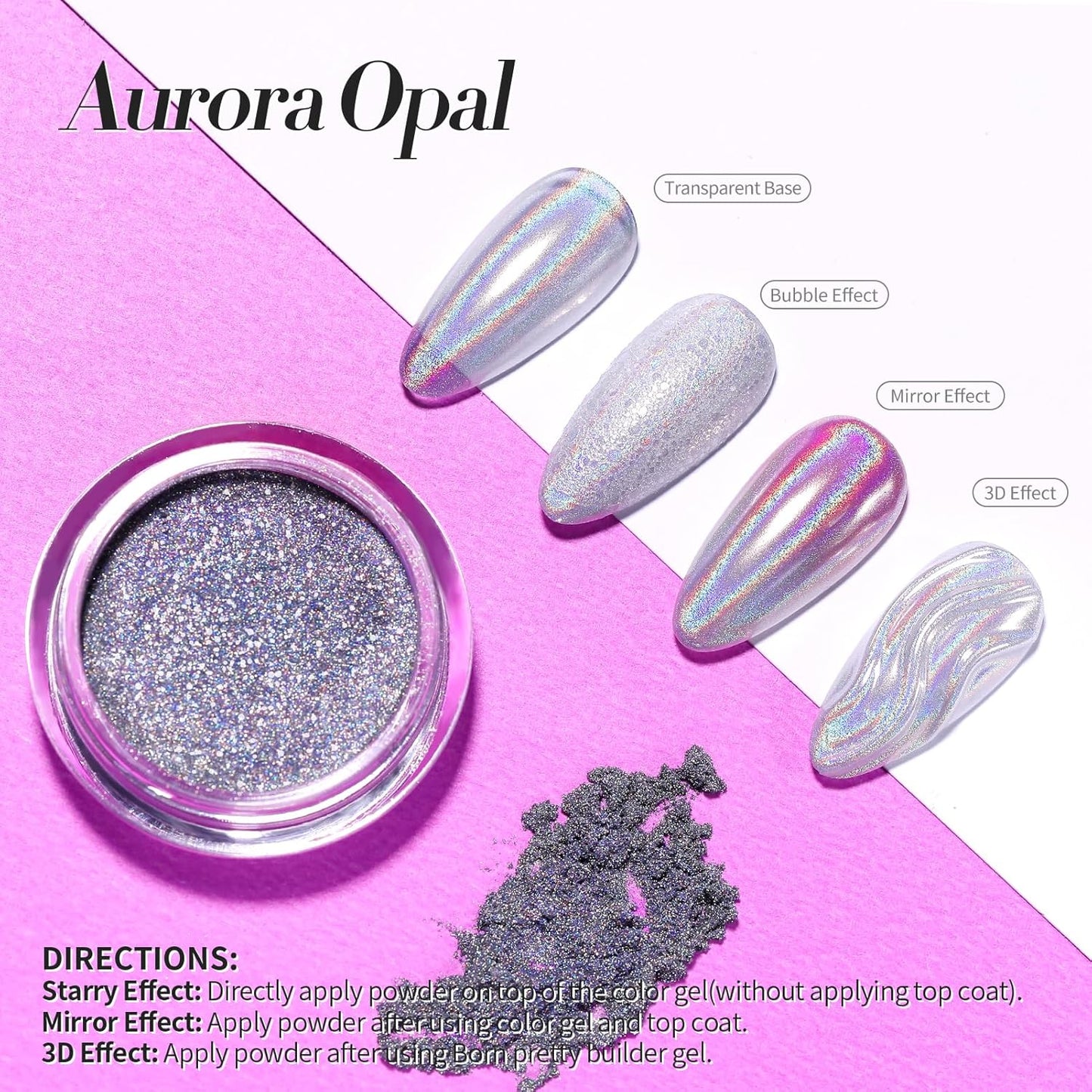 Born Pretty Holographic Nail Powder Fine Rainbow Iridescent Holographic Effect Multi Chrome Manicure Pigment Glitter Dust for Salon Home Nail Art DIY Design