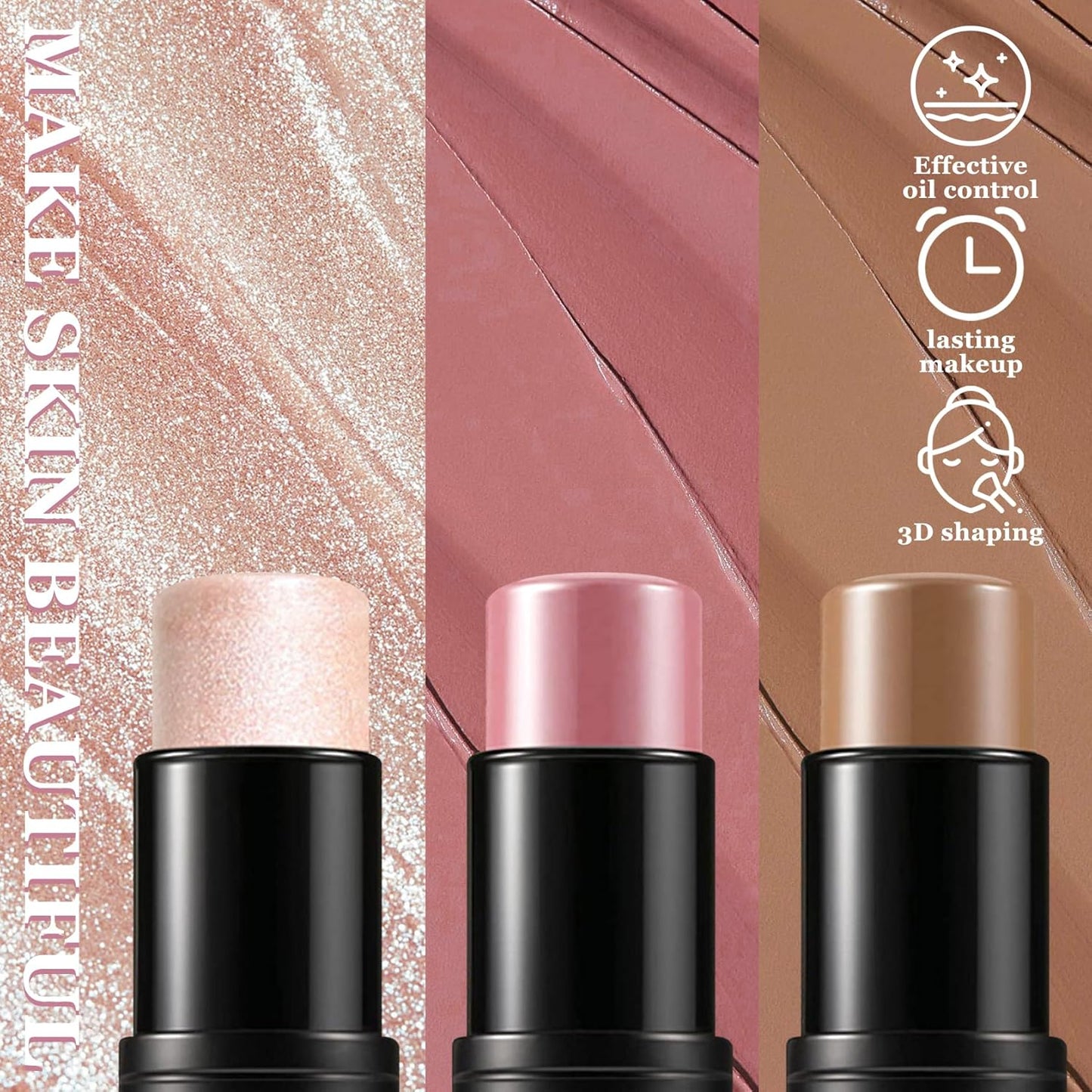 3Pcs Cream Contour Stick Makeup Kit with Makeup Brush,Shades with Highlighter,Brush Stick,Cream Bronzer for Sculpt the Cheeks,Long-lasting Waterproof Lightweight Contour Set