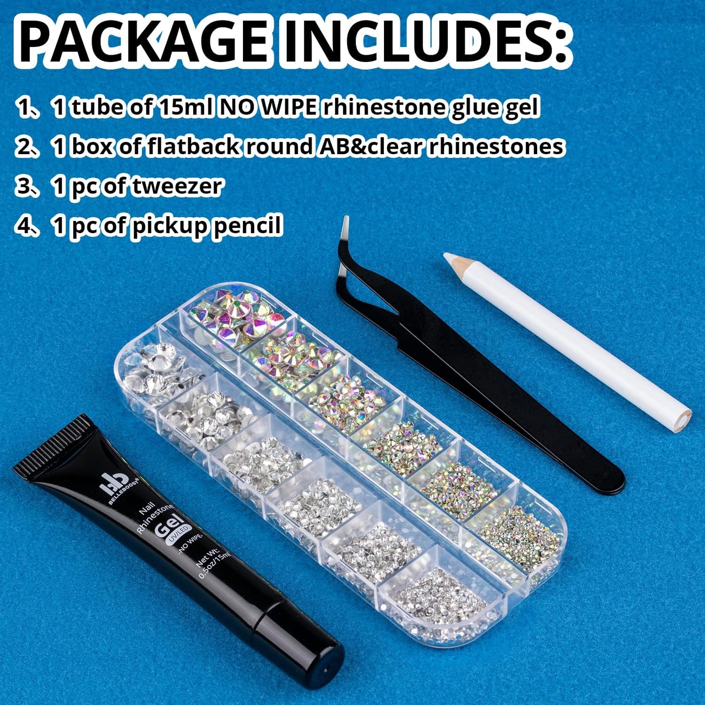 Nail Art Rhinestone Glue Gel&Flatback Gems Accessories Kit, 1 Tube of 15ml Rhinestone Gel Glue(UV/LED Needed)+1 Box of Flat-Back Round Glass Crystal AB&Clear Gemstones with Pickup Pencil and Tweezer