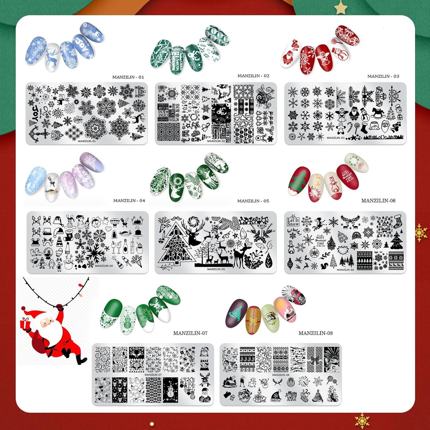 Christmas Nail Stamping Plates - Winter Stamp Kit with Snowflake, Santa Claus, Christmas Tree, Elk & Candy Bells Designs - DIY Stainless Steel Nail Image Polish Template Kit (8Pcs)
