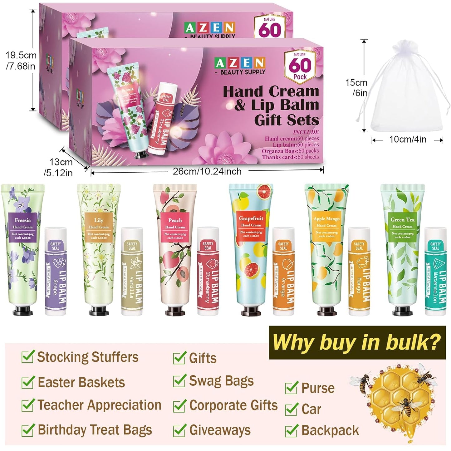 AZEN 120 Sets Bulk Gifts, Hand Cream and Lip Balm Bulk Set with Organza Bag Thank You Card, Baby Shower Wedding Gifts for Guests, Bridal Wedding Favors for Guests,Thank You Gifts for Women