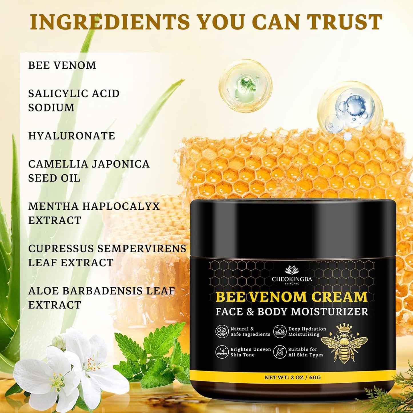 2PCS Bee Venom Comprehensive Cream: Wrinkle Care Face Lift & Firming, Effective In Reducing Skin Blemishes, Natural Care and Non-Irritating, Bee Venom Joint Cream for All Body Parts, 60g * 2PCS