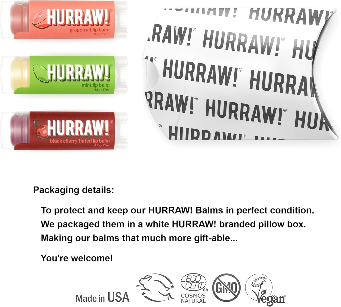 Hurraw! Grapefruit, Mint, Black Cherry Tinted Lip Balms, 3 Pack Bundle: Organic, Certified Vegan, Cruelty and Gluten Free. Non-GMO, 100% Natural. Bee, Shea, Soy & Palm Free. Made in USA