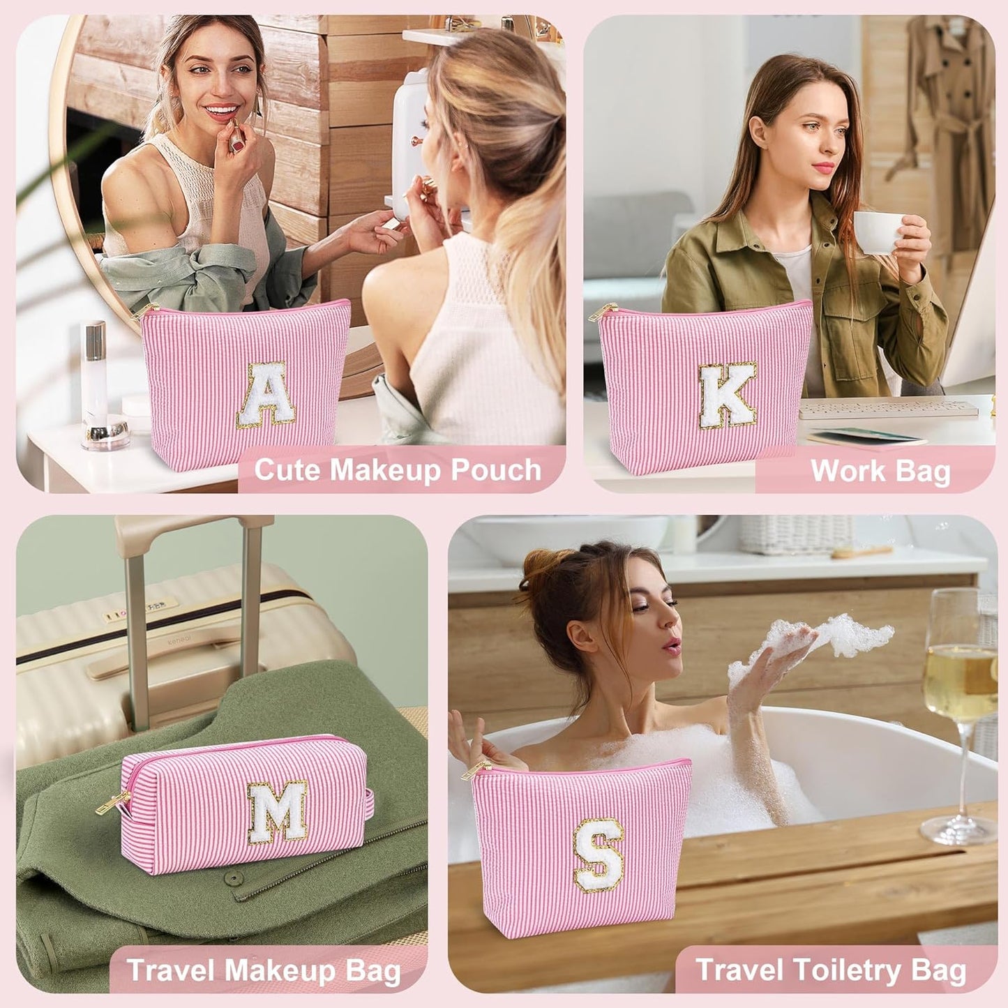 YOOLIFE Personalized Initial Makeup Bag for Women | Pink Cosmetic Travel Toiletry Bag | 11 12 13 14 15 16 Years Old Girl Gifts | Preppy Stuff Teen Girl Gift Trendy Stuff A