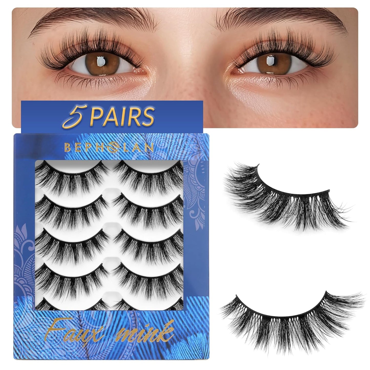 Bepholan False Eyelashes Natural Look Wispy 3D Super Fluffy False Lashes Volume Cat Eye Lashes 5 Pairs Faux Mink Lashes (DV05)