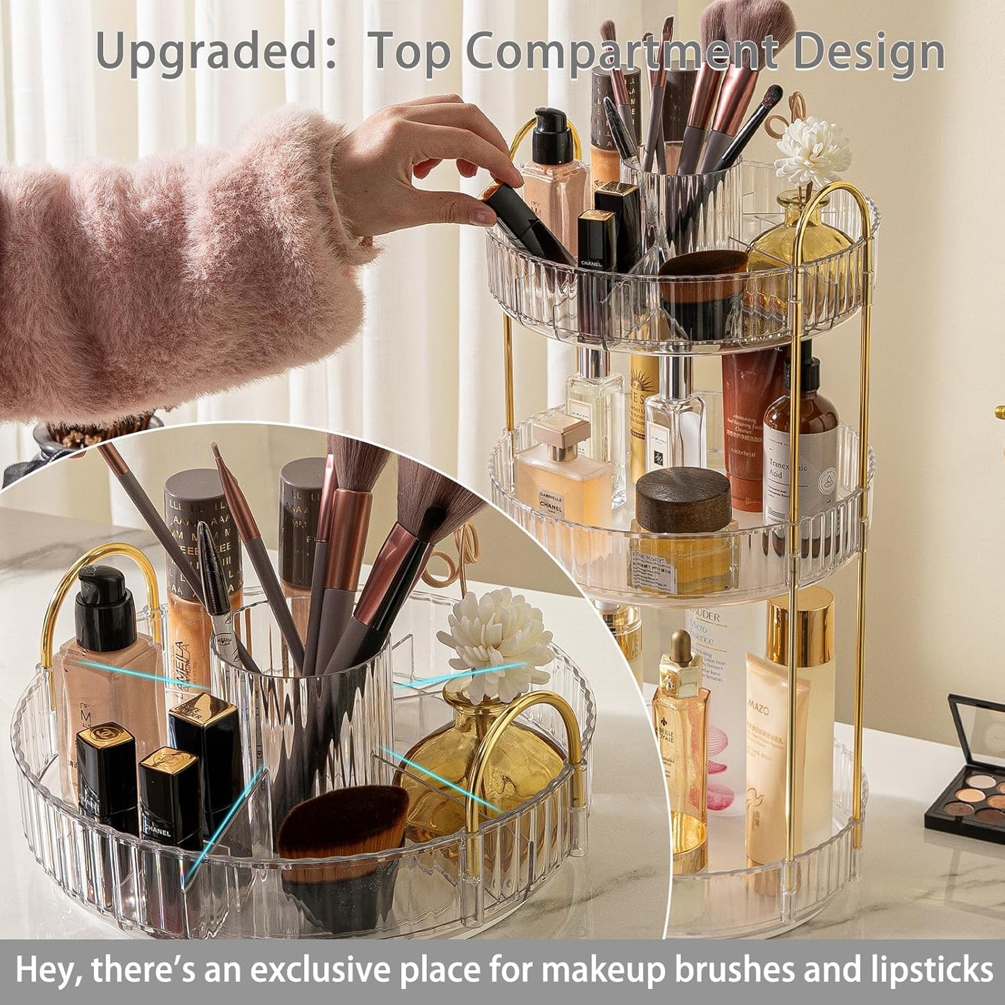 Rotating Makeup Organizer for Vanity, High-Capacity Skincare Clear Make Up Storage Perfume Organizers Cosmetic Dresser Organizer Countertop 360 Spinning (Clear, New-3 Tier)