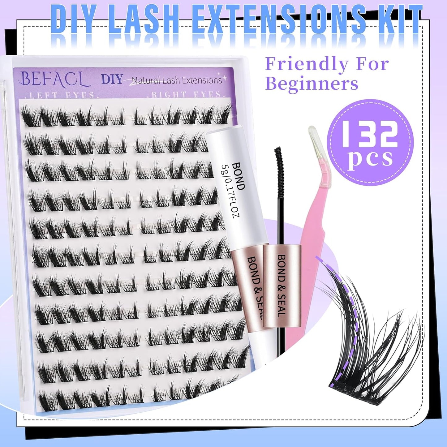 Natural Lash Clusters Wispy Cluster Eyelash Extensions Spiky Individual Lashes 8-17mm LC Curl Manga Eyelash Clusters with Lash Bond and Seal Soft Lashes Clusters Kit(132Pcs)