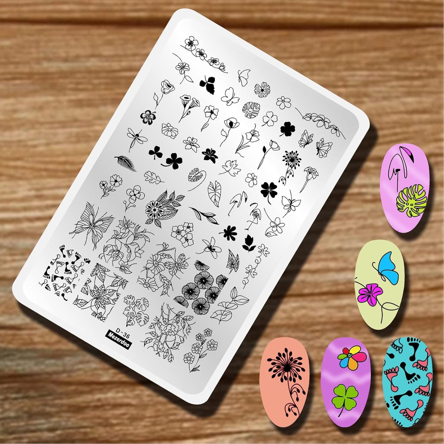 Flowers Leaf Nail Stamping Plates 2pcs Large Nail Stamper Plate Daisy Flower Flamingo Butterfly Image Stamp Templates Reusable Stencils Clover Plantillas Manicure Stamping Plate Template for Girls