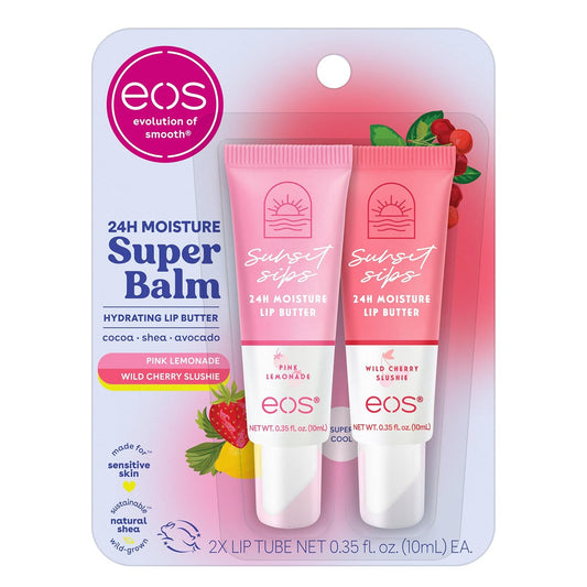 eos 24H Moisture Super Balm - Pink Lemonade & Wild Cherry Slushie, Day or Night Lip Treatment, Made for Sensitive Skin, Lip Balms & Moisturizers, 0.35 fl oz, 2-Pack