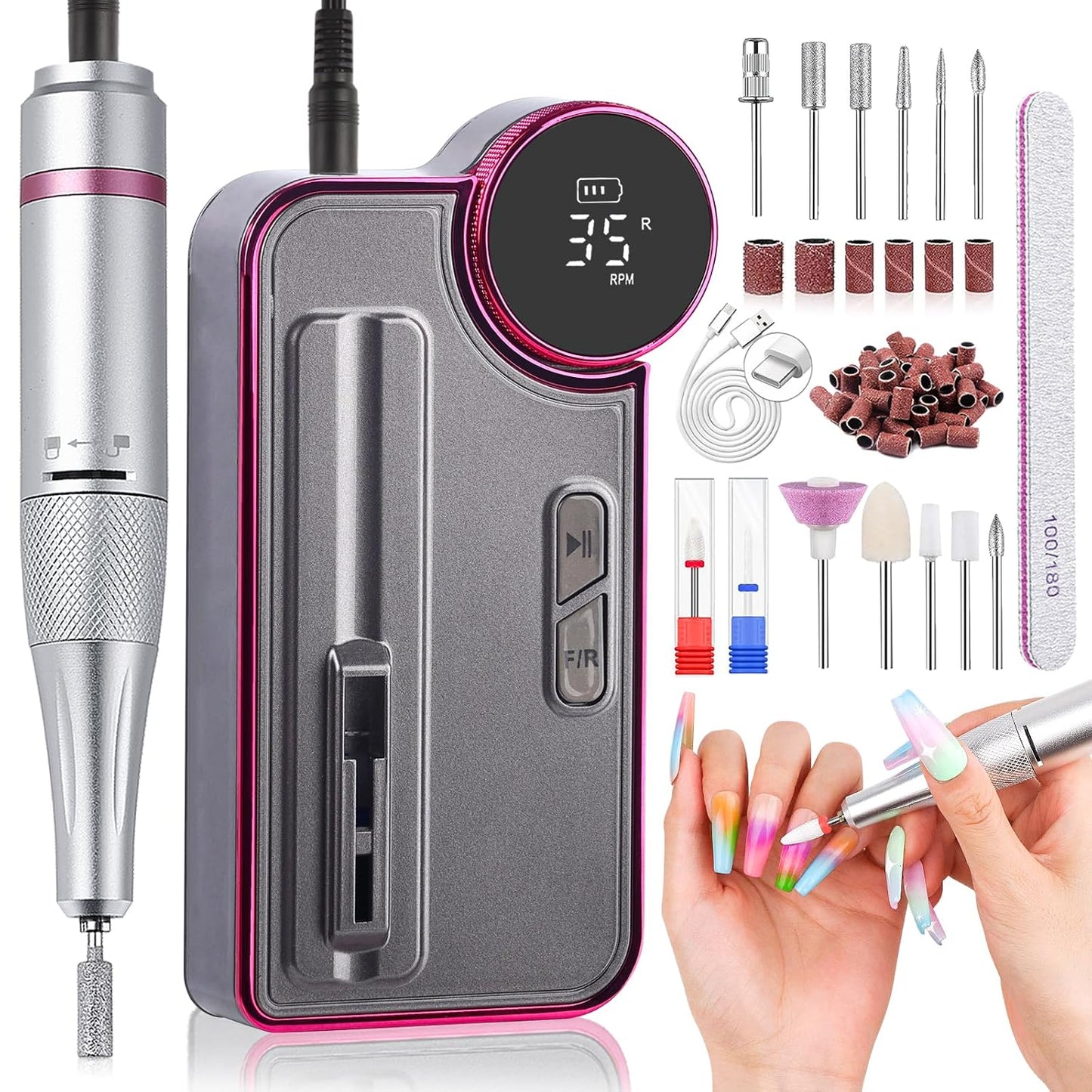 SAVILAND Portable Electric Nail Drill: 35000RPM Nail Drill 10 Hours Efile Portable Rechargeable Nail Machine 13 Drill Bits Ceramic Drill Bit Grey Purple Nail File Home Use Manicure Pedicure