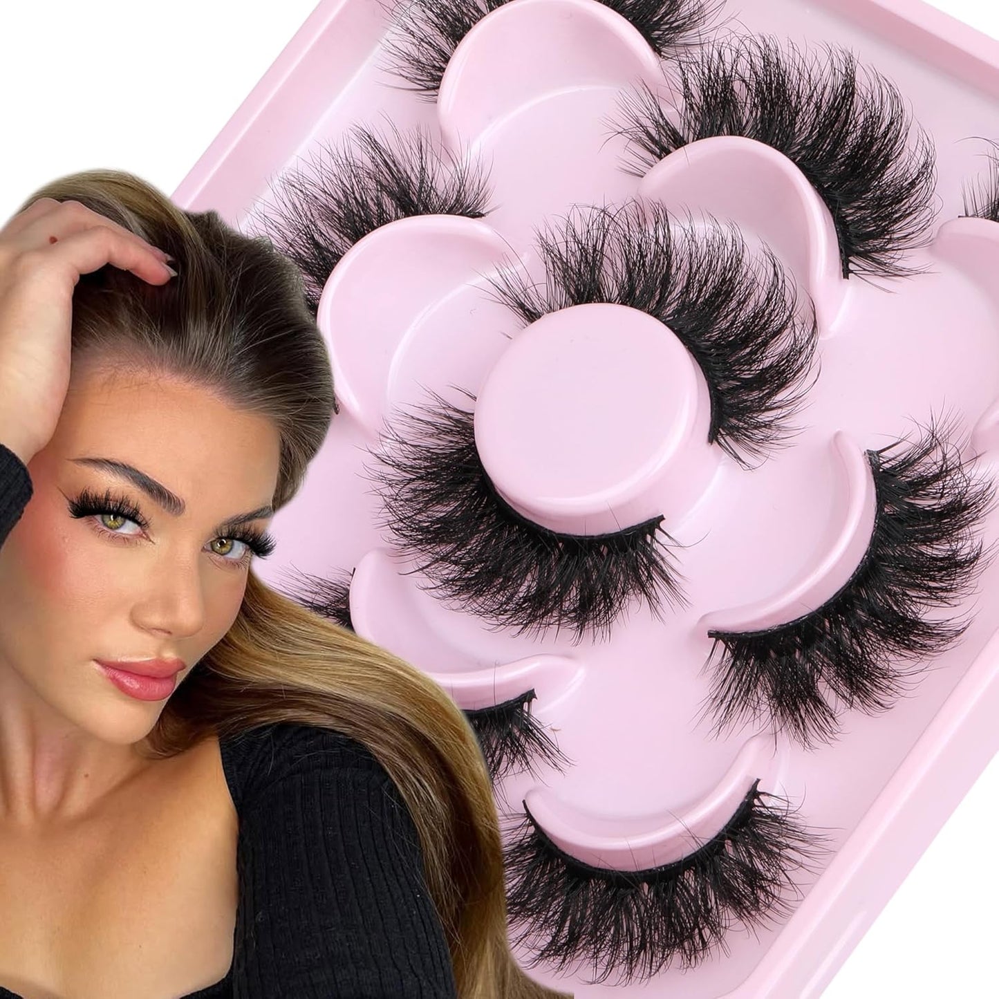 JIMIRE False Eyelashes Volume Natural Look Russian Strip D Curl Lashes Wispy 17MM Cat Eye Lashes Look Like Lash Extensions Mink Fluffy 5 Pairs Pack