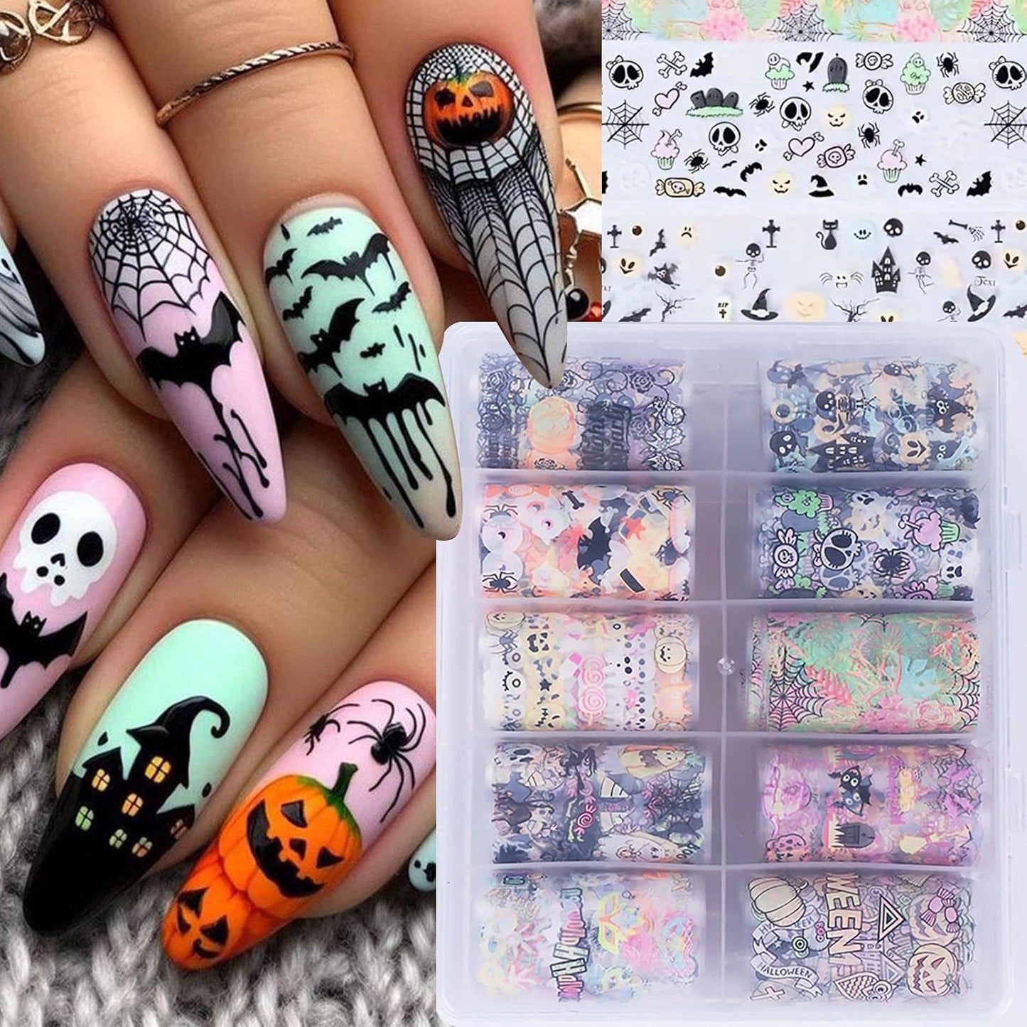 Halloween Nail Foils Transfers - Ghost Pumpkin Skull Bat Spider Web Black Cat Design, Gold & Holographic Foil Stickers for Nail Art, Manicure Decals for DIY Acrylic Nails, 10 Sheets