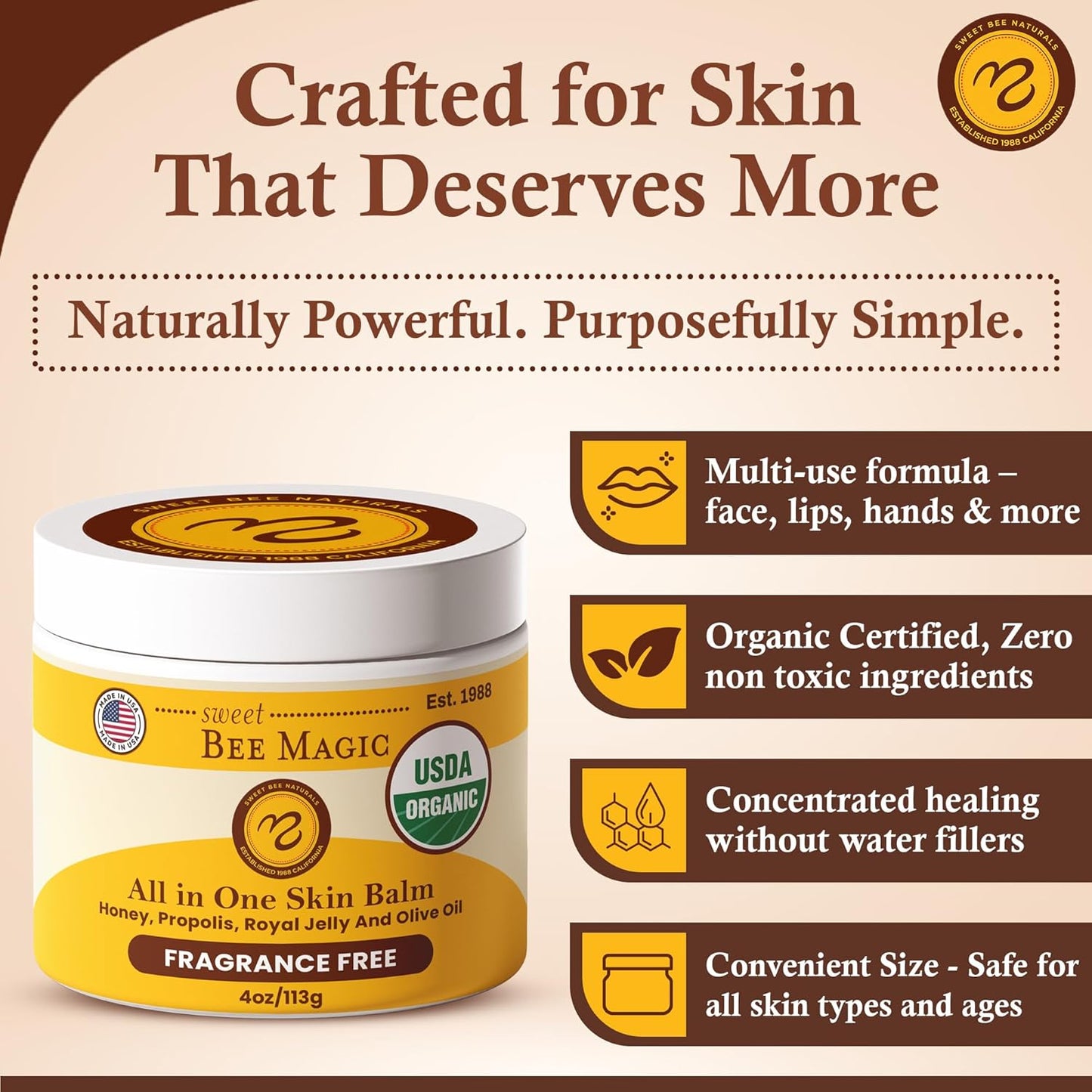 Sweet Bee Magic All In One Healing Organic Balm - Natural Skin Healing Cream, Beeswax Balm for Dry Skin, Face & Body Moisturizer - Certified Organic, All Natural Aid- 3 Jars (4oz Each, 12oz Total)
