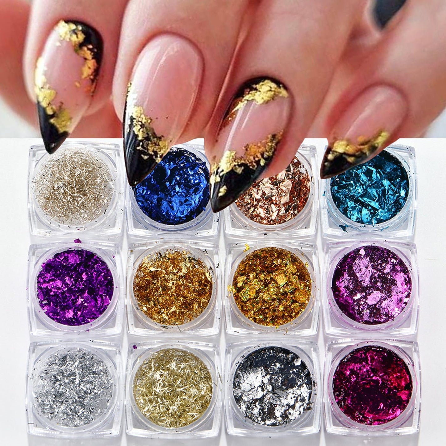 Holographic Nail Glitter Foils for Kit,12 Colors Sparkly Ultra-Thin Aluminum Foil Nail Art Flakes Design, Shiny Irregular Gold Sliver Foil Nail Sequins for Women DIY Manicure Tips Charms Decorations