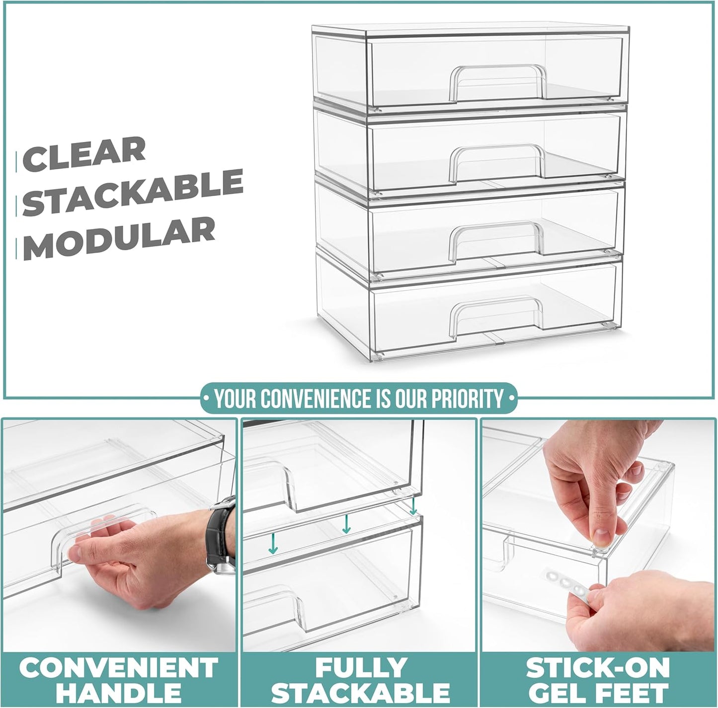 Sorbus Acrylic Storage Containers - 4 Pack, Stackable Storage Bins Set for Bathroom Organization - Clear Acrylic Drawer Organizers - Makeup Case Pull-Out Drawers (12.1’’ Wide)