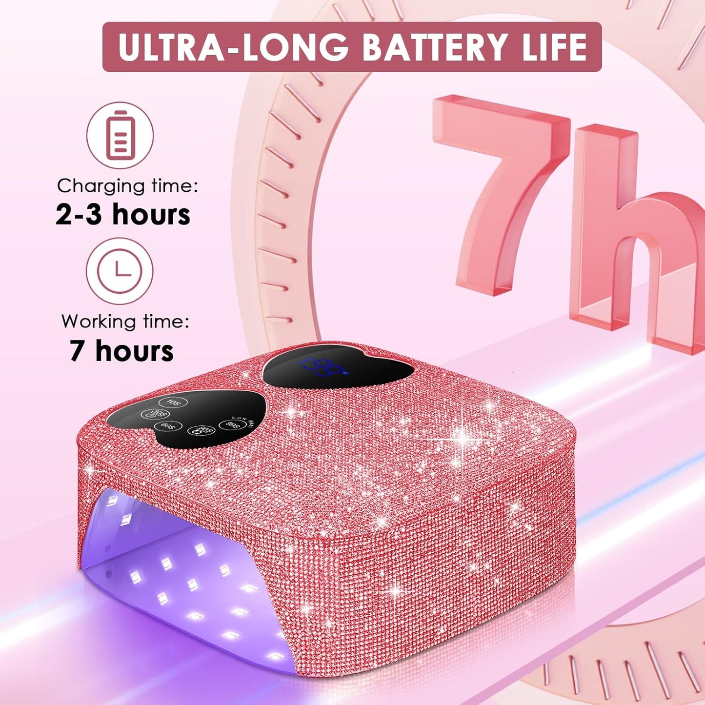 UV LED Nail Lamp Cordless, HUITINE 80W Rechargeable UV Light for Gel Nails with 5 Timers & Mirror Base, Professional Gel Light Dryer, Sparkling Rhinestones Curing Lamp for Salon & Home (Pink Diamond)