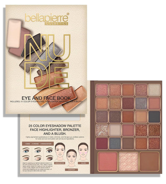 Bellapierre Nude Face & Eye Book Palette | 25 Eyeshadow Shades with Blush, Bronzer, & Highlighter | Non-Toxic & Paraben Free | Vegan & Cruelty-Free