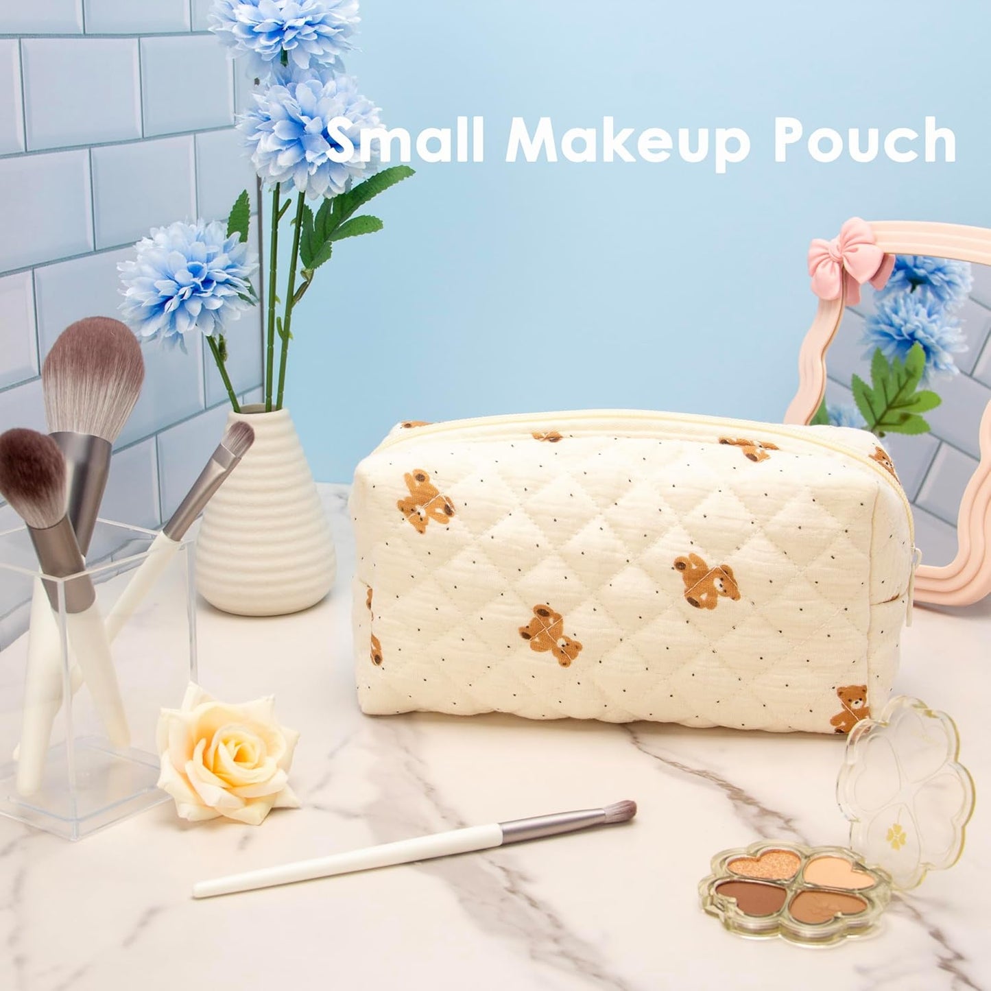 PAZIMIIK Vintage Quilted Makeup Bag Cosmetic Pouch for Brushes Pencils and Travel Make Up Accessories for Women and Girls Bear Beige