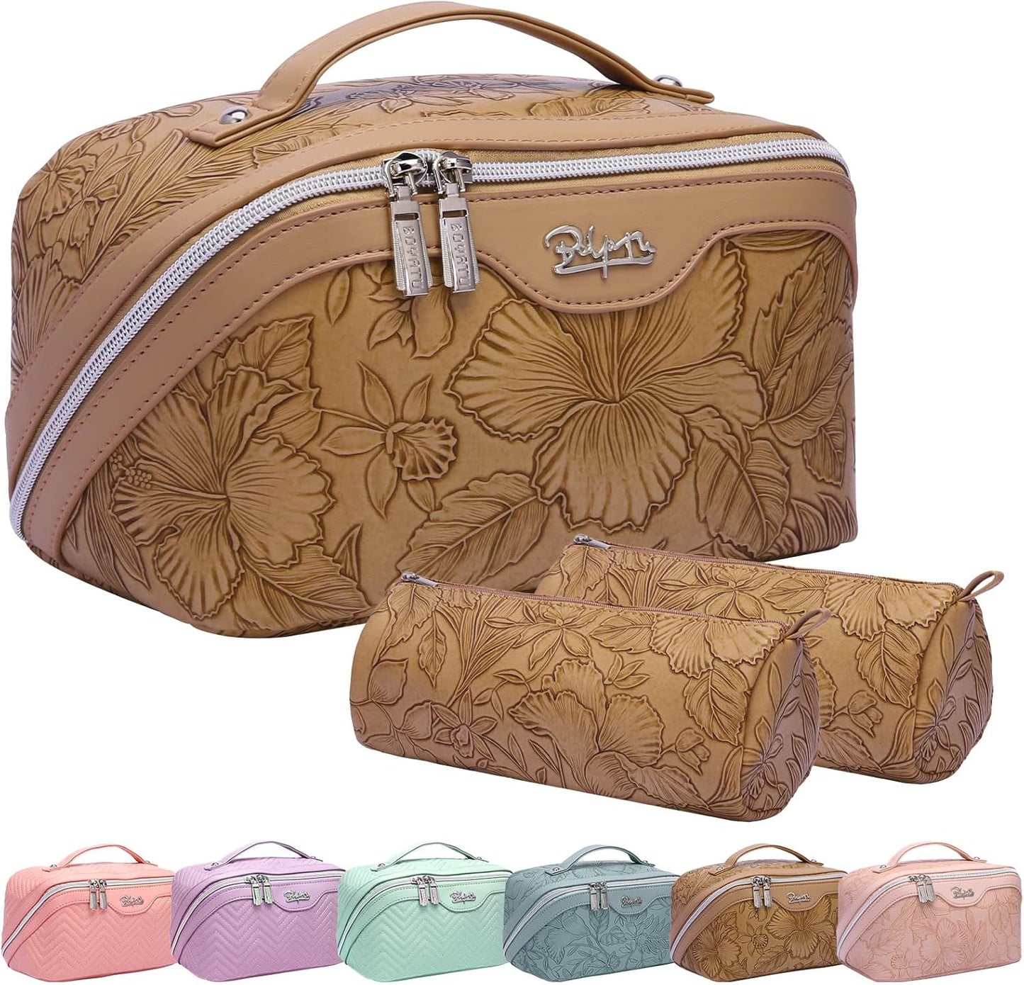 BOYATU Travel Makeup Bags Cosmetic Organizer Bag: 3-Set Large Capacity Make up Bag - PU Leather Toiletry Bags for Women - Wide Open Portable Pouch with Divider & Handle (01-Z-Brown)