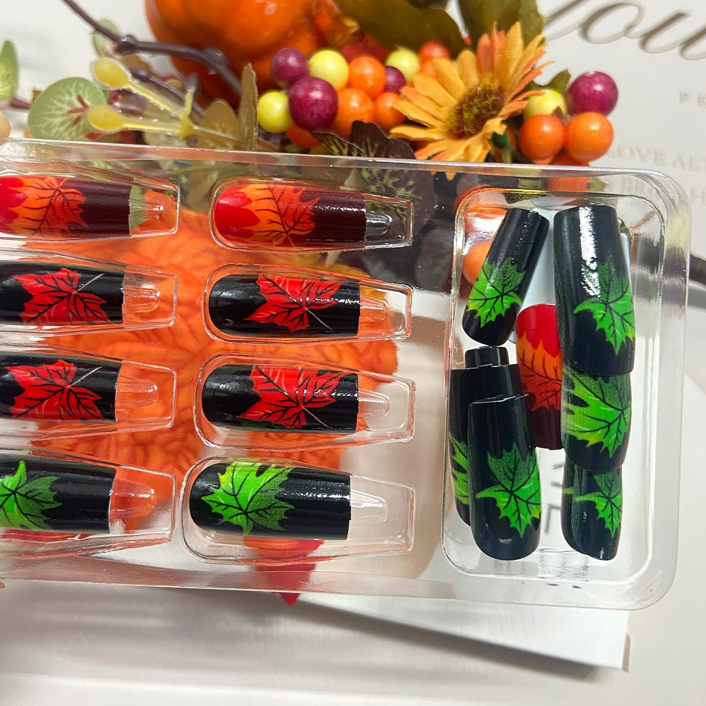 Fall Press on Nails Long Square Thanksgiving Fake Nails for Women Colorful Maple Leaf Acrylic Glue on Nail Autumn Maple Leaves Glossy Artificial Stick on Nail