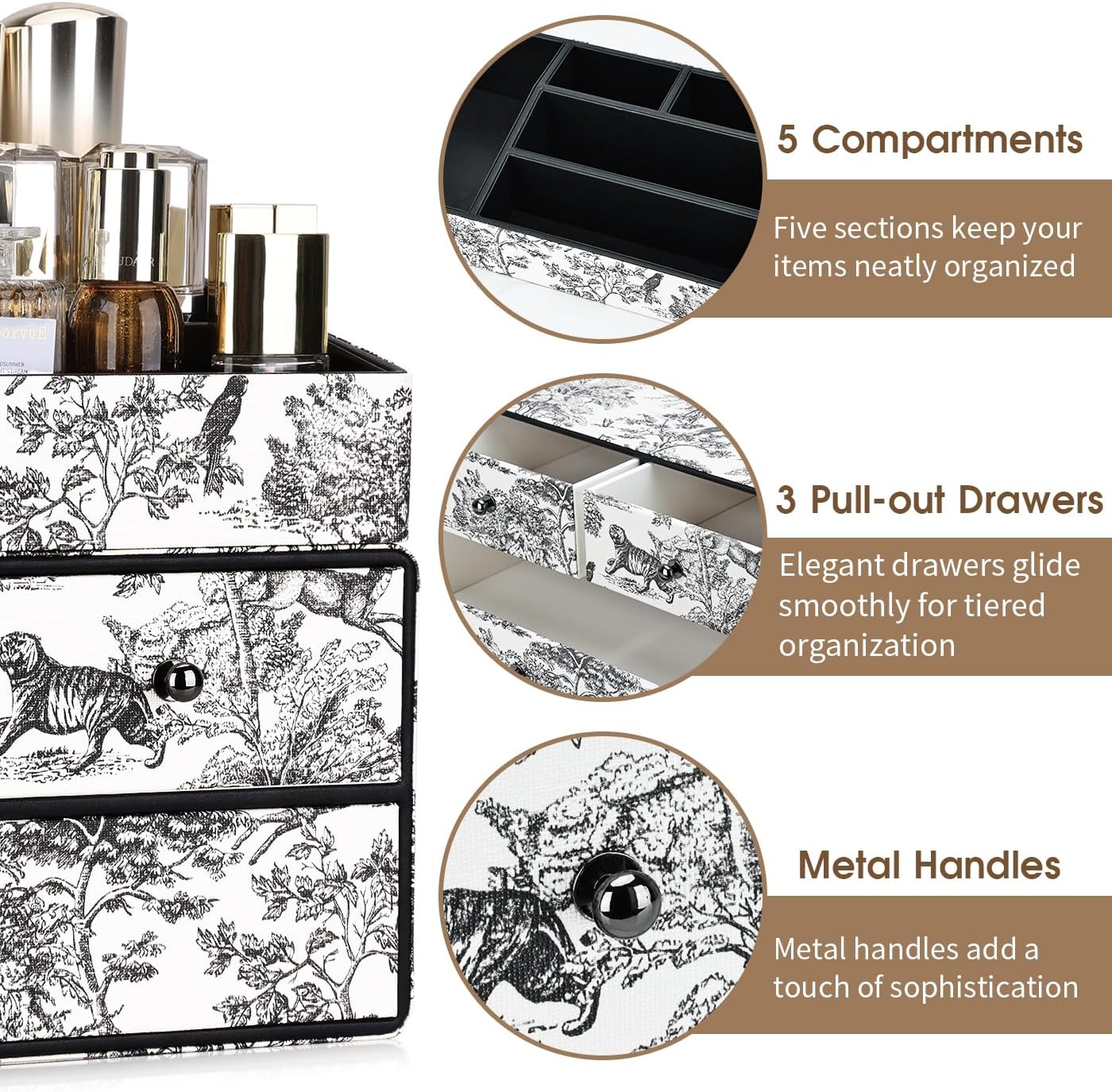 GORESE Leather Makeup Organizer with 3 Drawers for Vanity, Stackable Skincare Holder Dresser Organizer Countertop, Make Up Storage Organizers Counter Cosmetic Display Case Gift for Women(Retro Black)