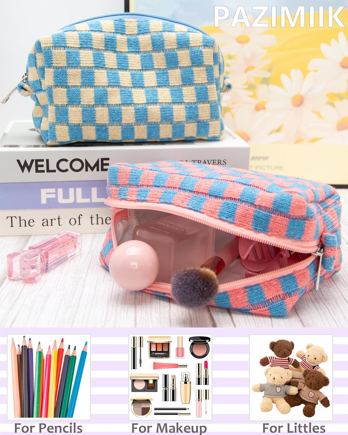 PAZIMIIK Checkered Makeup Bag for Purse Portable Zipper Make Up Pouch Small Cosmetic Case for Travel Red Blue