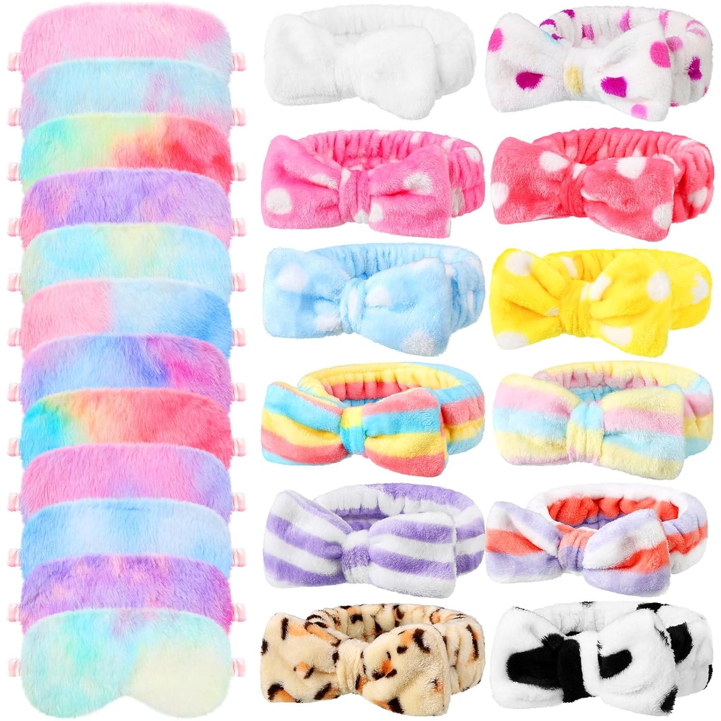 Newcotte 24 Pcs Sleepover Party Supplies for Girls, Includes 12 Pcs Plush Sleep Eye Mask and 12 Pcs Bow Hair Band, Plush Bow Headbands, Fur Face Wash Headband Faux Fur Mask for Women (Lovely Style)