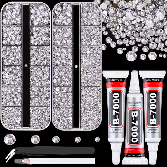 Resin Rhinestones for Crafting with B7000 Jewelry Glue, 2 Boxes Silver Clear Flatback Crystals with 3Pcs 10ml Glue for Bedazzling Crafts DIY Nail Art Makeup，Gems for Clothing Shoes
