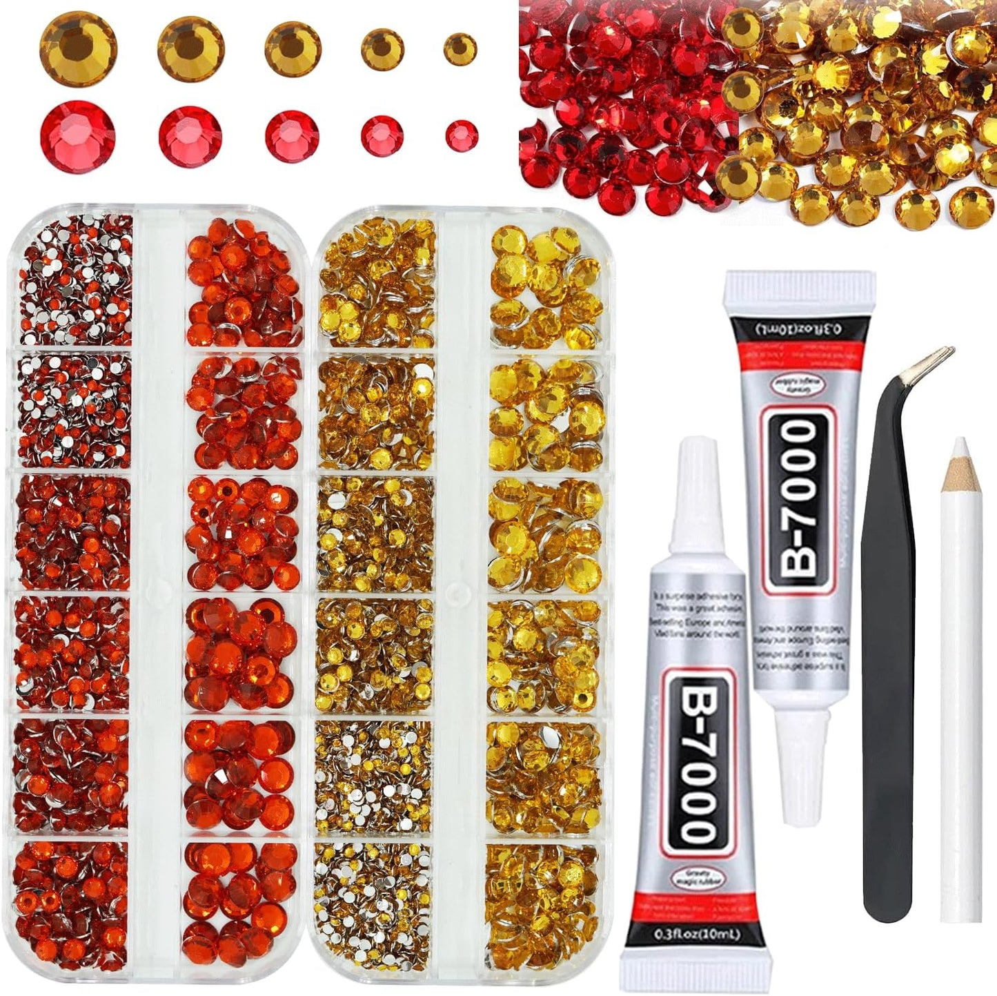 Gold and Red Rhinestones with Glue(S8-S30) for Bedazzling,2mm-6mm Non-Hotfix Flatback Nail Gems Beads with B7000, Resin Nail GemsStones Diamond Kit for Bedazzle Crafting, Nails DIY Art Decoration
