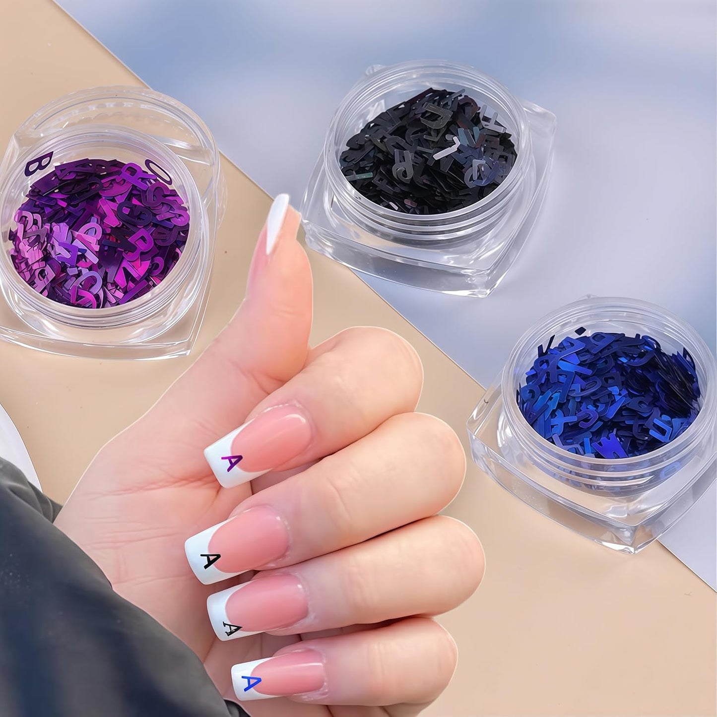 3 Colors Nail Art Glitters & Sequins - Black & Purple Letter Shaped Nail Sticker for Women's Manicure DIY