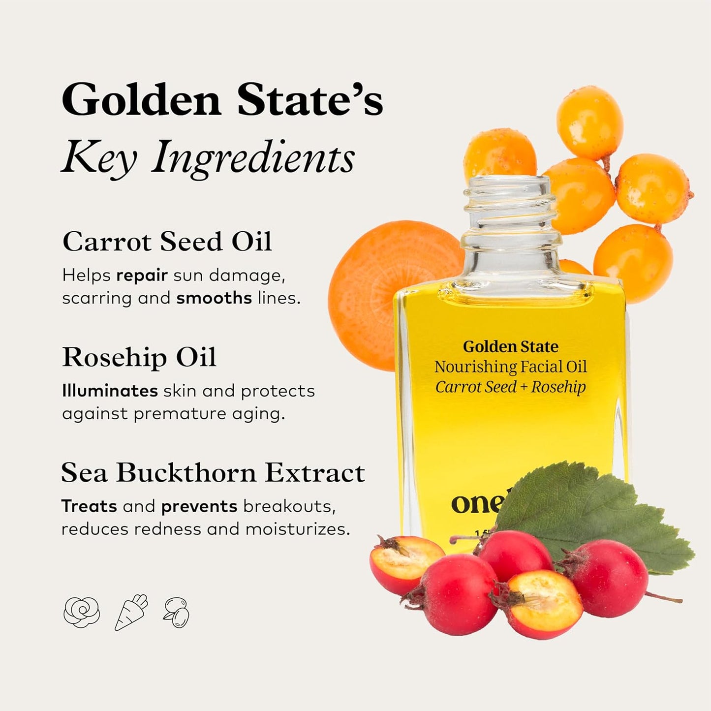 Onekind Golden State Anti Aging Botanical Face Oil with Rosehip Seed Oil, Sea Buckthorn Extract, Carrot Seed to Visibly Brighten, Firm, and Hydrate - Nourishing and Hydrating for Dry Skin