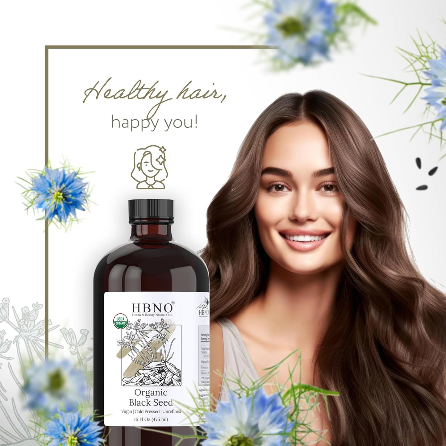 HBNO Organic Black Seed Oil - Huge 16 oz (475ml) Glass Bottle Value Size - USDA Certified Organic Black Seed Oil, Cold Pressed for Face, Body, Lips, Shampoo & Conditioner