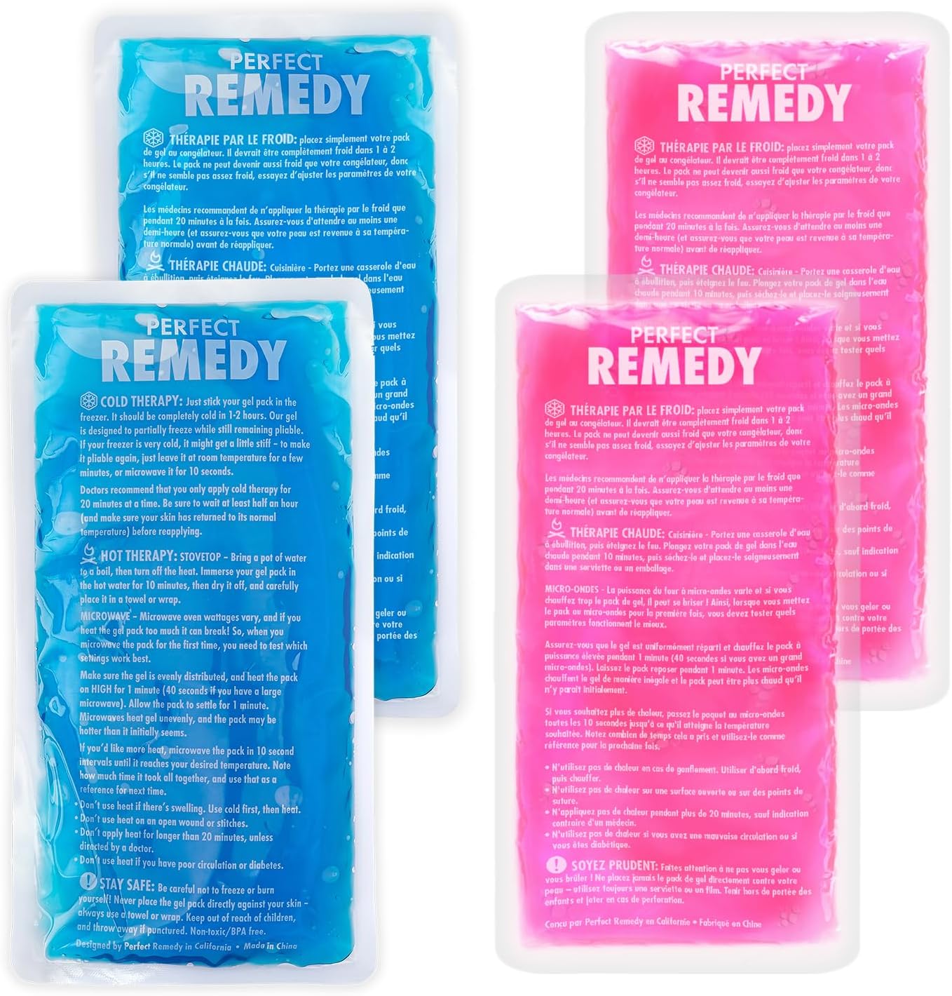 Perfect Remedy Rectangle Gel Ice Pack Bundle, Hot & Cold Ice Packs for Injuries Reusable for Body Tension & Muscle Pain Relief, Soft, Flexible & Adapts to Any Area (Blue, Large 2PK + Pink, Large 2PK)