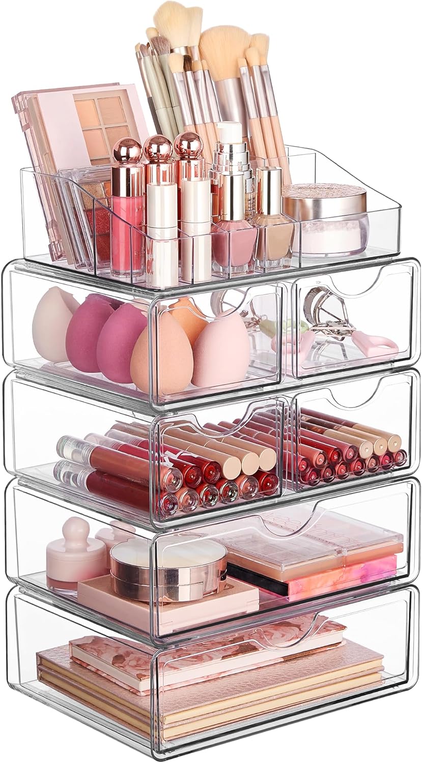 Vtopmart 5 Tier Clear Makeup Organizer with Drawer, Cosmetic Storage for Dresser Countertop and Bathroom Vanity, Beauty Holder for Lipstick Brush Skincare