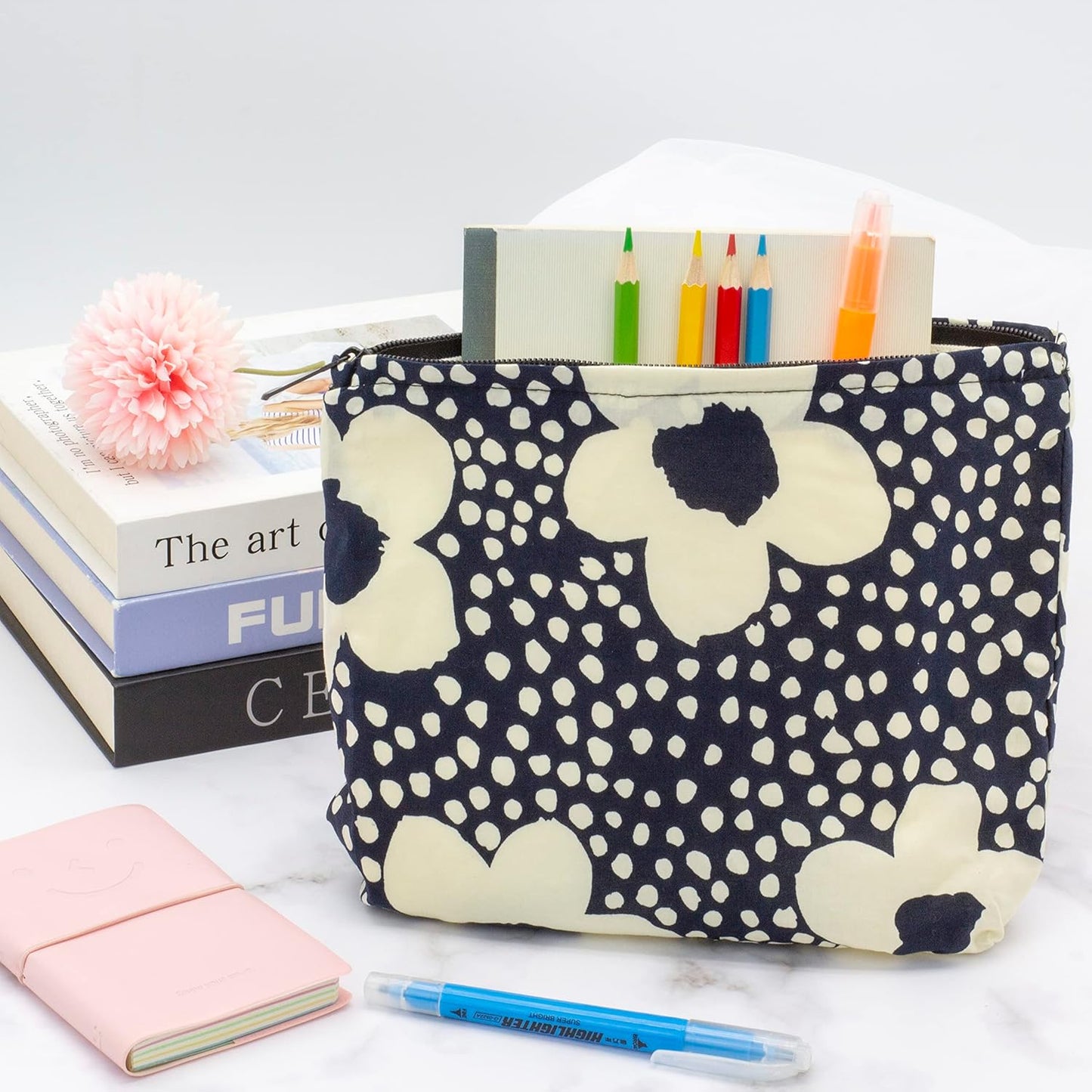 PAZIMIIK Floral Makeup Bag Large Cotton Zipper Pouch for Purse Travel Canvas Make Up Organizer for Women Cosmetic,Floral Navy Blue