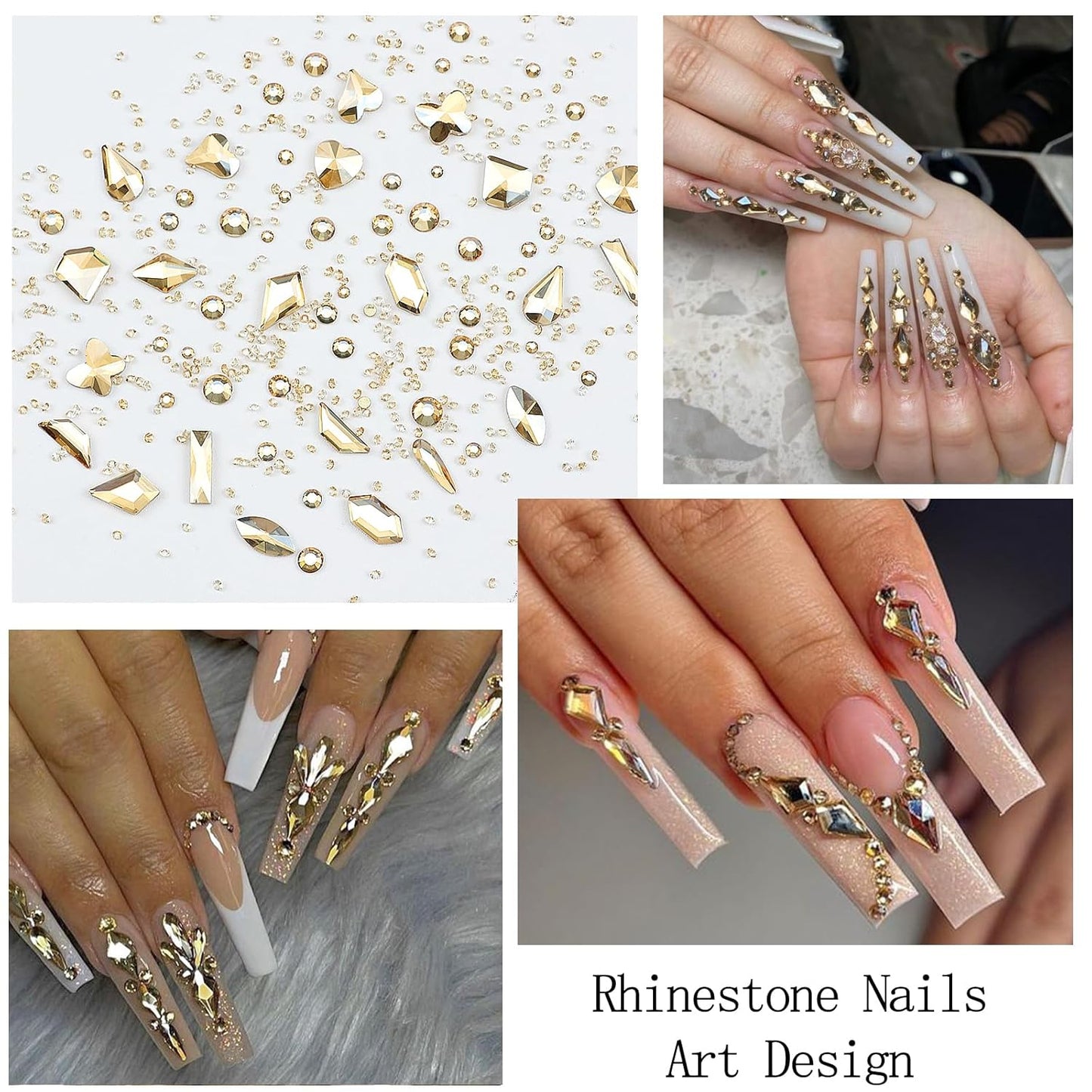 Nail Art Rhinestones with Glue Gel Flatback Nail Charms Luxurious Supplies Accessories Champagne Nails Gems Jewelry for Women Nails DIY Design Decoration,Champagne