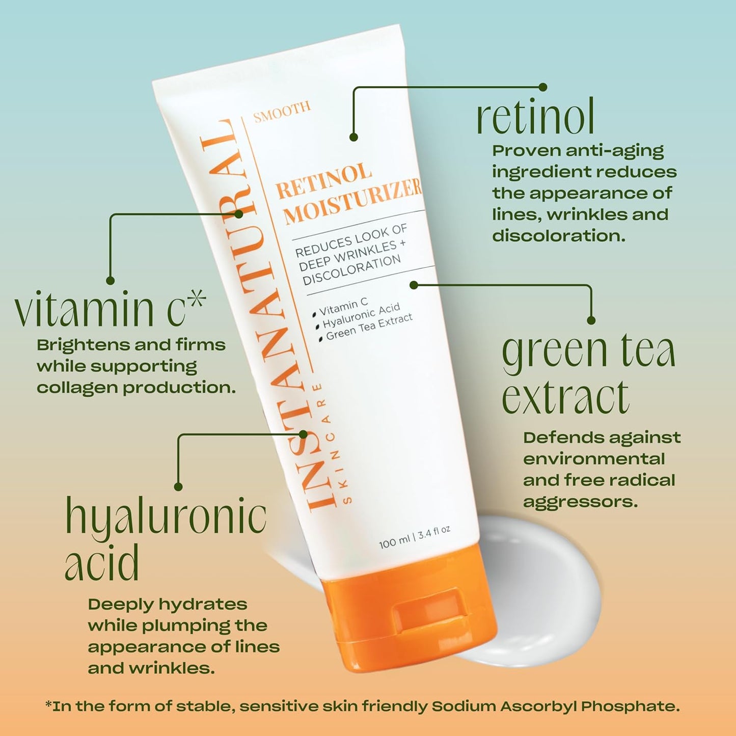 InstaNatural Retinol Moisturizer Nighttime Face Moisturizing Cream, Brightens and Reduces Signs of Aging, Wrinkles, Lines and Discoloration, with Vitamin C and Hyaluronic Acid, 3.4 Fl Oz