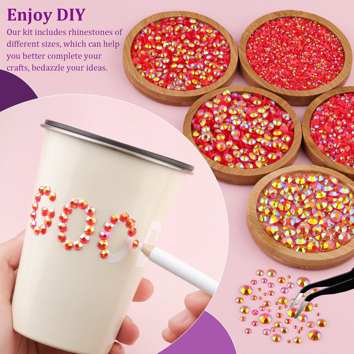 Resin Jelly Rhinestones for Crafting with B7000 Jewelry Glue, 2 Boxes Red AB Flatback Crystals with 3Pcs 10ml Glue, Bedazzling Non Hotfix Gems for DIY Tumblers Clothing Shoes Manicure