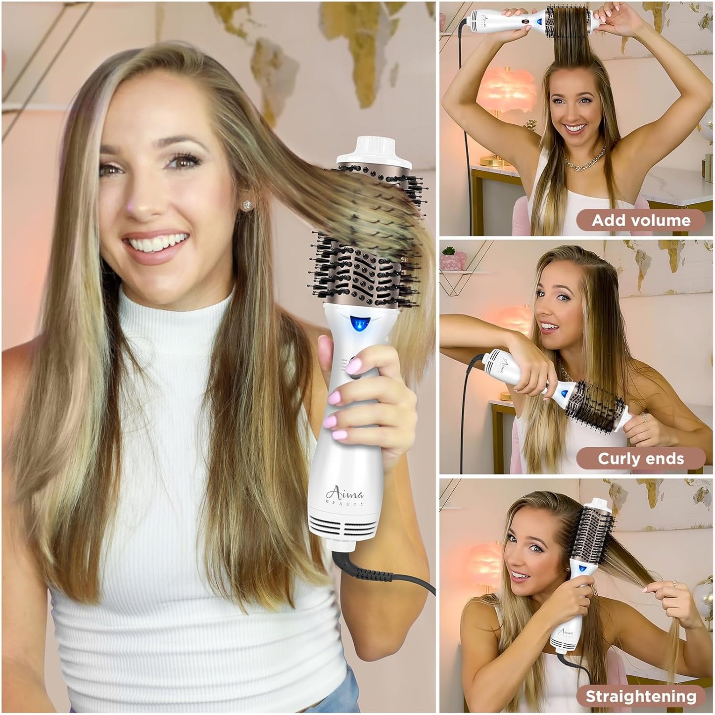 One Step Dryer & Volumizing Hot Air Brush, Blow Dryer, Ceramic Straightener, Curler & Hot Comb 4 in 1 Salon Ionic Hair Styling Tools, White