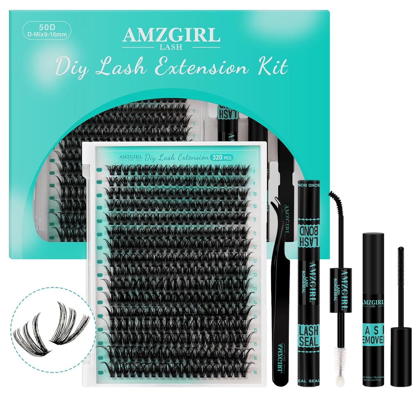 Lash Extension Kit 320Pcs,DIY Individual Lashes Clusters Kit,Lash Bond And Seal,Lash Remover For Eyelashes Extensions,Lash Applicator Tool For False Eyelash Cluster Kit At Home(50D,D-Mix9-16mm Kit)