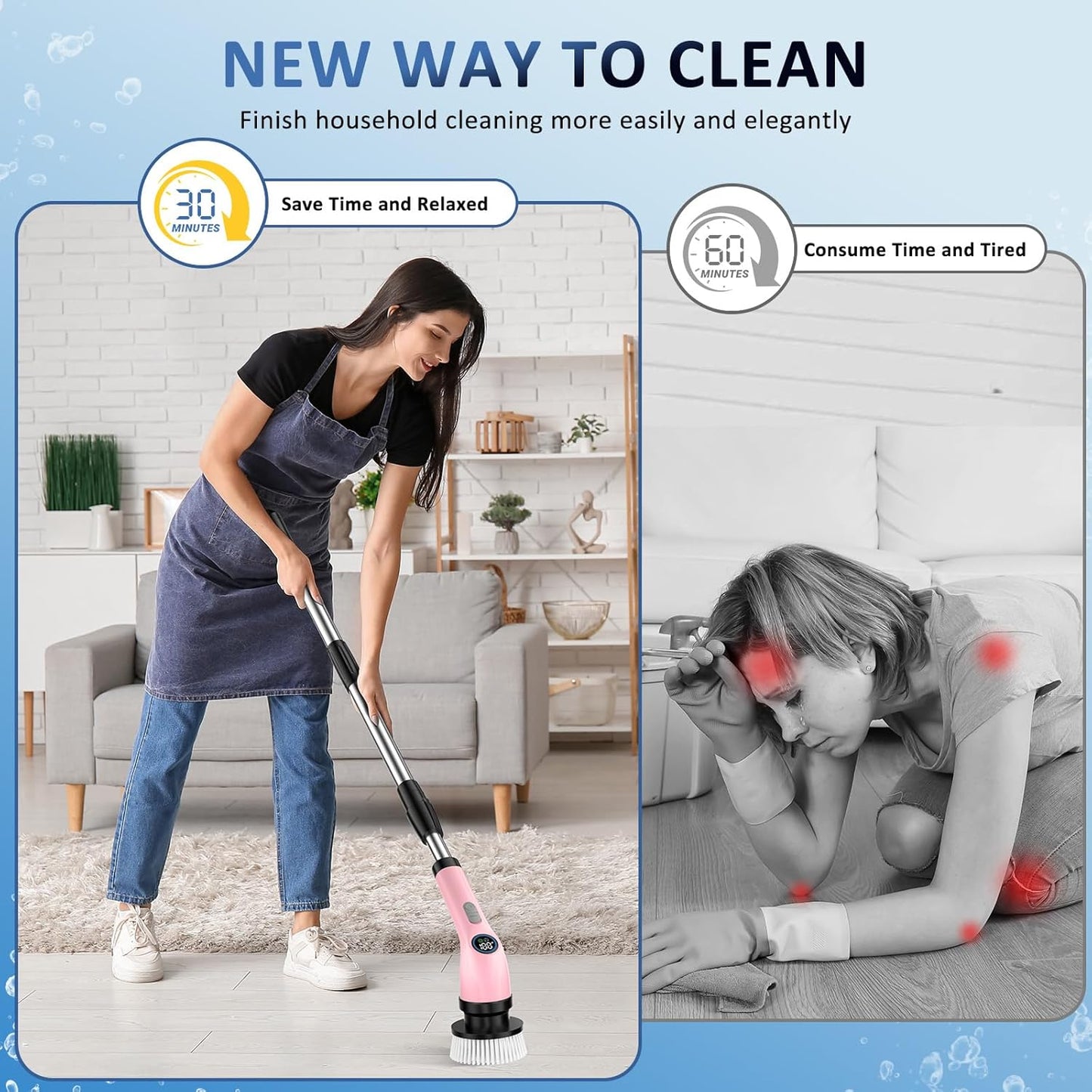 Electric Spin Scrubber Upgraded Battery with Extra-Long Runtime, IPX7 Waterproof Power Cleaner with 7 Brush Heads, 2 Speeds Adjustable Long Handle for Bathroom, Floor, Shower, Tile & Kitchen Cleaning